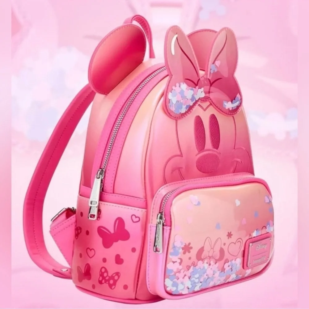 Pink Disney Minnie Mouse Loungefly Confetti Glitter Backpack and Wallet Set